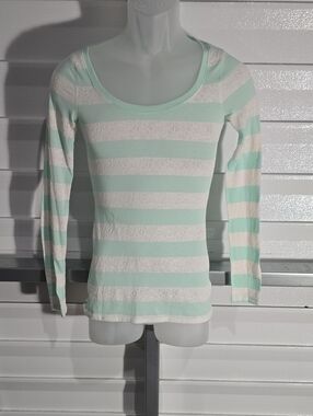 Express Mint & White Striped Scoop Neck Long Sleeve Top Size XS